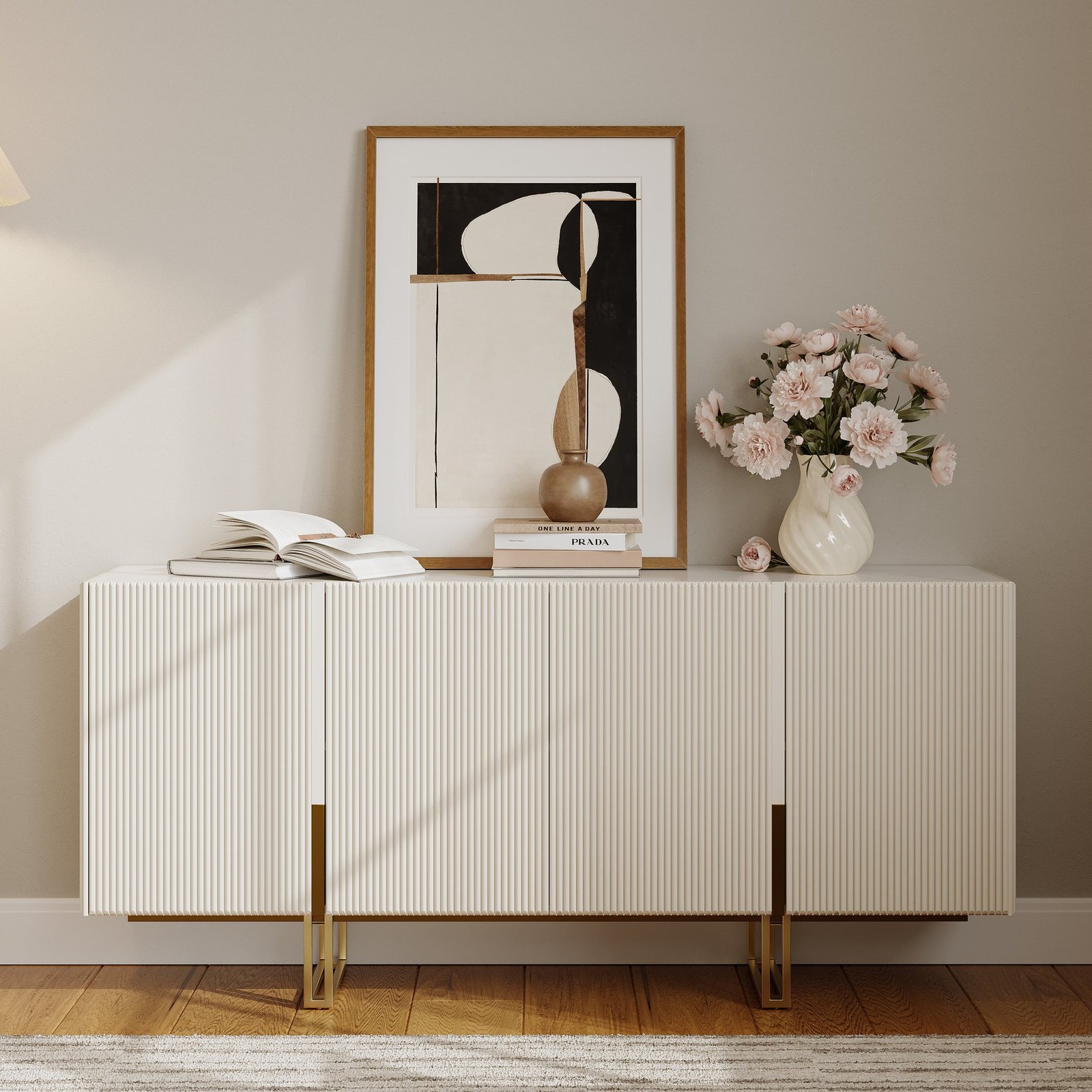 Grovyn Buffet 160 cm en pierre frittée blanche nervurée avec étagères réglables